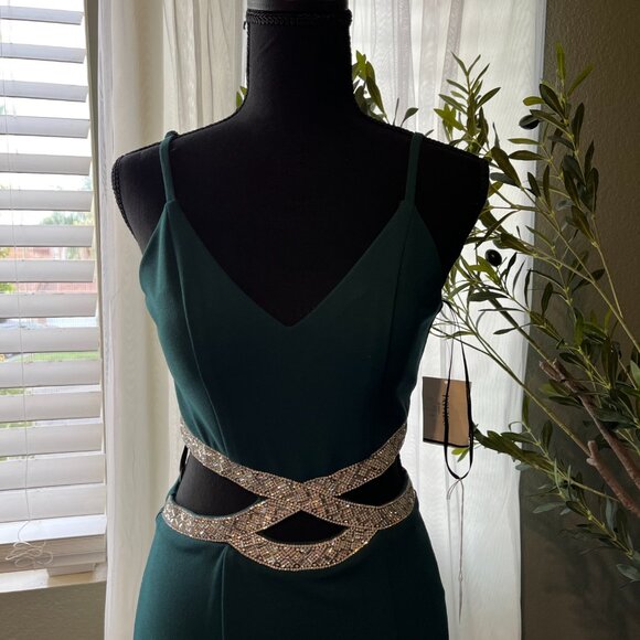 David's Bridal Hunter Green Sequined Waist Cutout Gown - Picture 2 of 7